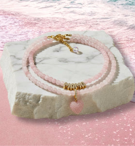 Rose Quartz Heart & Mama Necklace Set