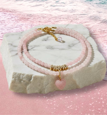 Rose Quartz Heart & Mama Necklace Set