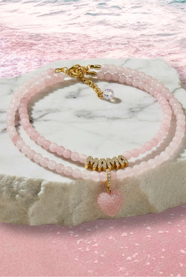 Rose Quartz Heart & Mama Necklace Set