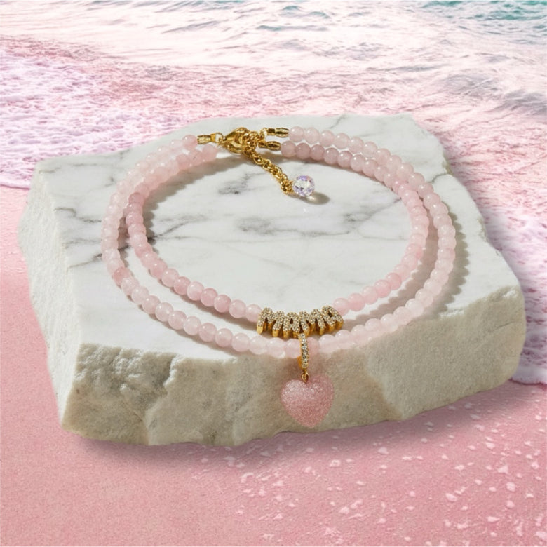 Rose Quartz Heart & Mama Necklace Set
