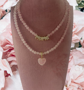 Rose Quartz Heart & Mama Necklace Set