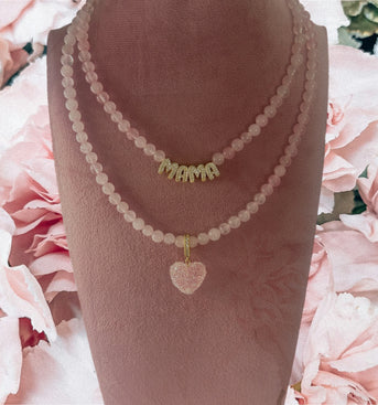 Rose Quartz Heart & Mama Necklace Set