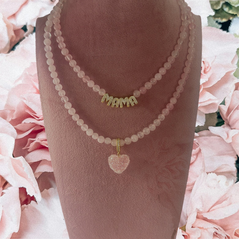 Rose Quartz Heart & Mama Necklace Set