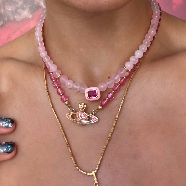 Blush Pink Beaded Gemstone Necklace