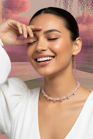 Rose quartz & Gold charm Choker