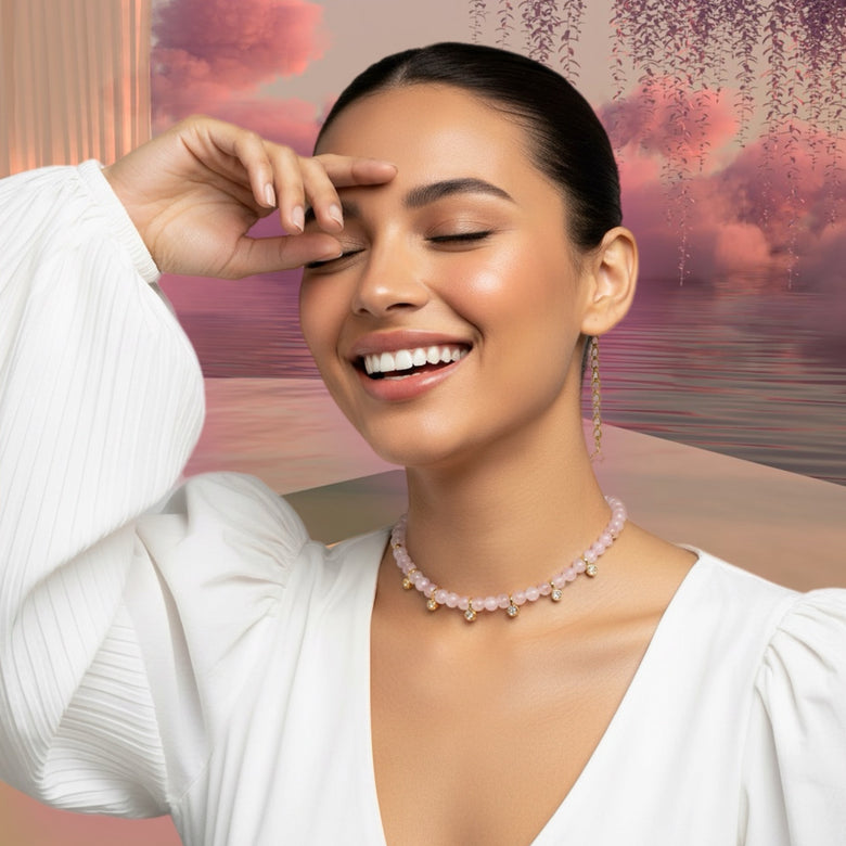 Rose quartz & Gold charm Choker