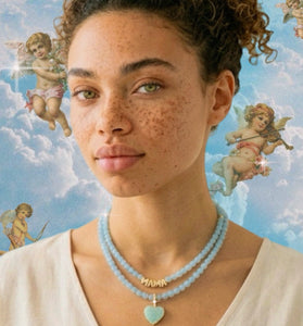 Aquamarine Heart & Mama Necklace Set