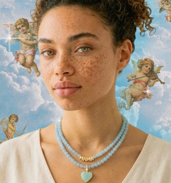 Aquamarine Heart & Mama Necklace Set
