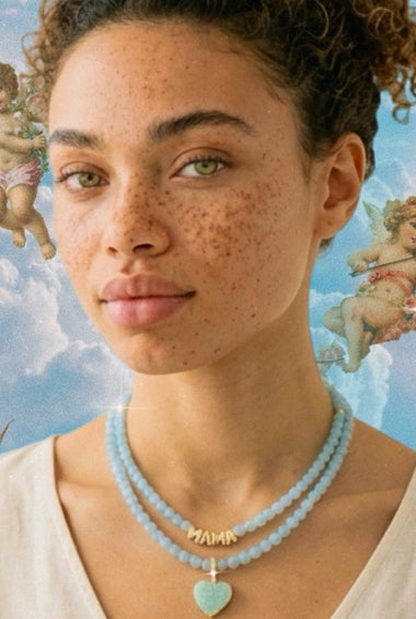 Aquamarine Heart & Mama Necklace Set