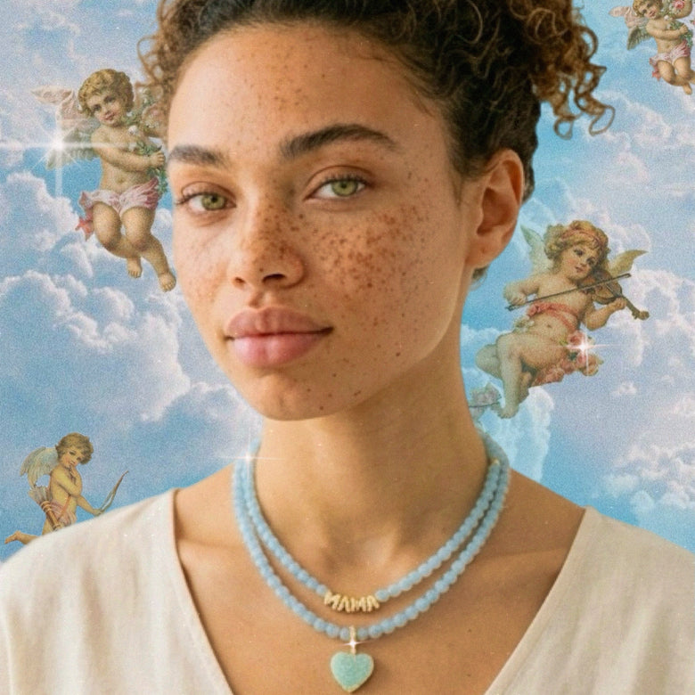 Aquamarine Heart & Mama Necklace Set