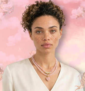 Rose Quartz Heart & Mama Necklace Set