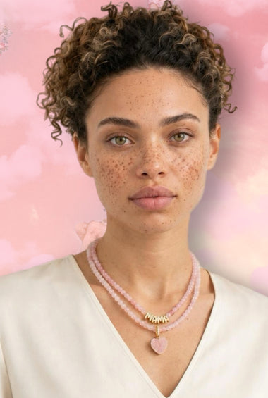 Rose Quartz Heart & Mama Necklace Set