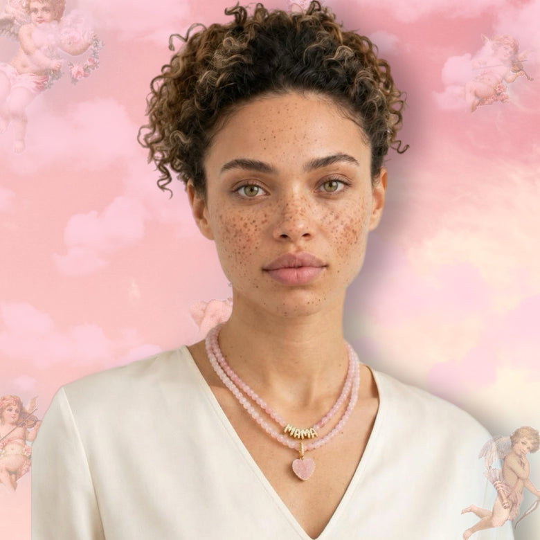Rose Quartz Heart & Mama Necklace Set
